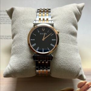 Bulova Black Dial Watch with Gold and Silver Bracelet